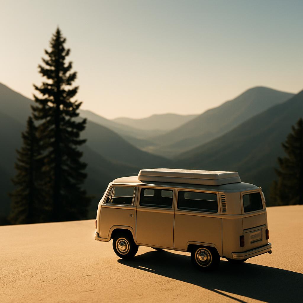 A view of a mountain range with a large tree and a beige camper van, likely taken during the day.